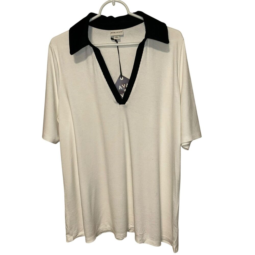 Ava & Viv Cream Collared Top XXL V Neck Stretch Blouse Minimalist Plus Size